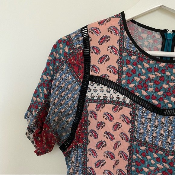 Topshop Blouse Colorful Patchwork Short Sleeve Top Boho Multicolor Pattern Small - Picture 2 of 8